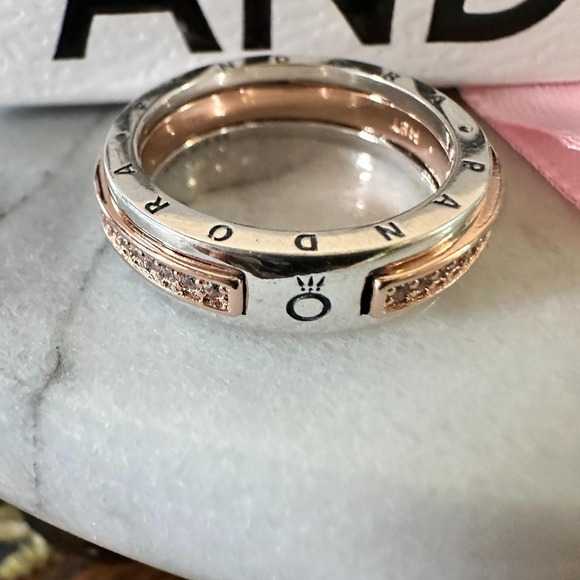 Genuine Pandora Rose Gold Signature Two-Tone Logo Pave Ring 182773C 58 (9) - Picture 10 of 11